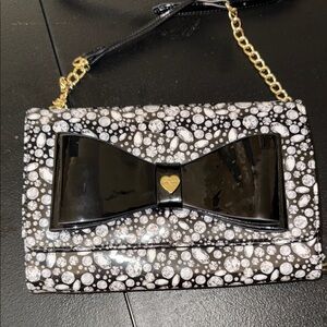 Betsey Johnson Black and White Bubble-Print Crossbody with Glossy Bow